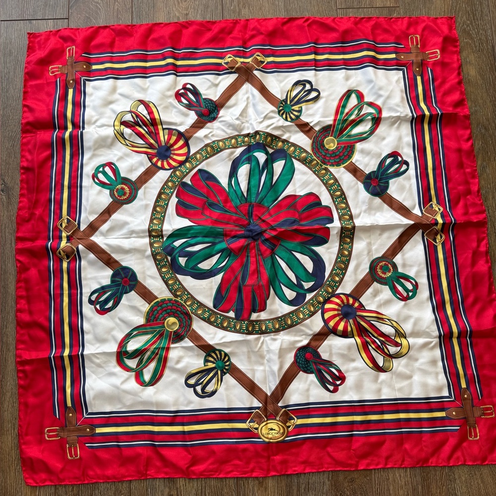 Longchamp Colorful Silk Scarf with Ribbon Design